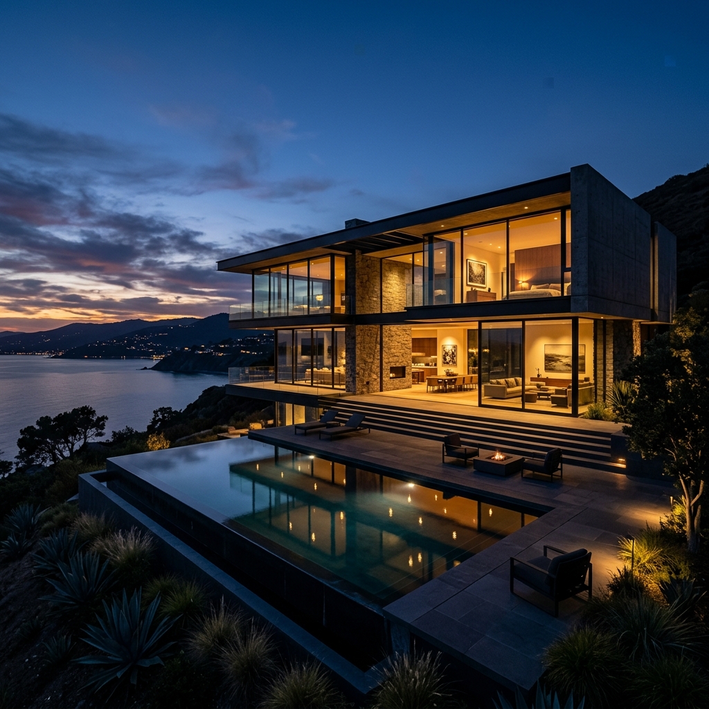 Ultra-modern luxury glass mansion at twilight